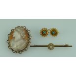 9ct Gold cameo brooch together with yellow metal brooch and earrings (3) total weight 14.