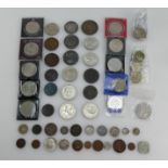 A collection of various old coins to include 1889 silver crown, 1945-1995 peace £2 coin,