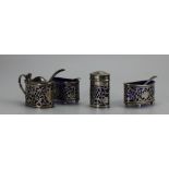 Silver Cruet set comprising pair oval salts, mustard with spoon and pepper pot,