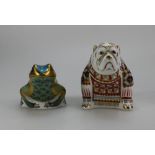 Royal Crown Derby paperweight Seated Bulldog and Fountain Frog,