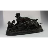 19th Century bronze figure group of Irish setter and pointer dog stalking a pheasant, signed P.J.