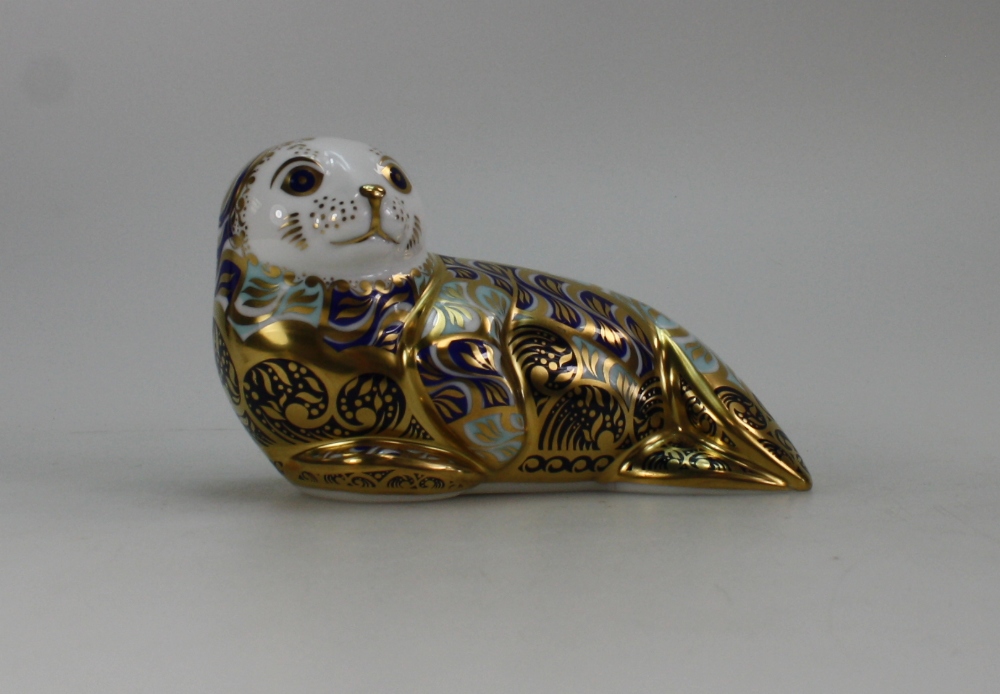 Royal Crown Derby paperweight of Harbour Seal with gold stopper,