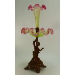 19th Century Epergne, spelter model of Cupid holding up a green & red vaseline glass bowl and shade,