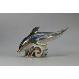 Royal Crown Derby paperweight of P/W Stripe Dolphin with gold stopper,