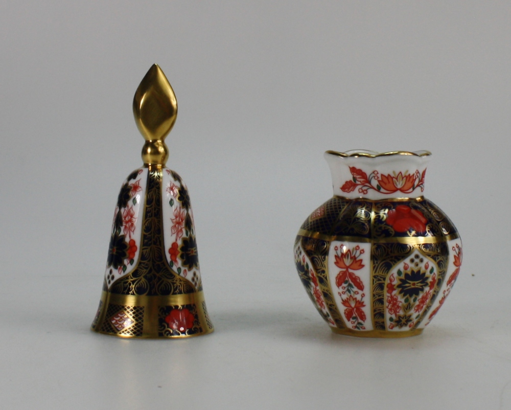 Royal Crown Derby candle snuffer and small vase in the Old Imari design 1128,