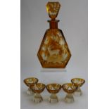 Set Amber Crystal Whisky Decanter and 5 Glasses each decorated with etched Game Wildlife (one glass