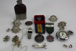 A collection of various items including 1914-1918 silver medal awarded to PTE W.H.