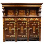 Art Nouveau large oak court cupboard inlaid with art nouveau stylized decoration to the front and