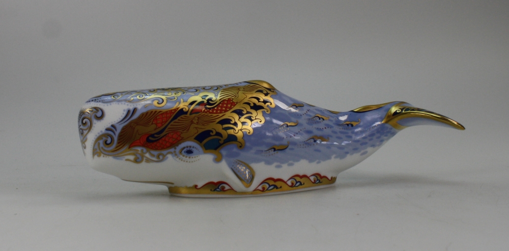 Royal Crown Derby paperweight of Oceanic Whale with gold stopper,