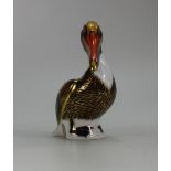 Royal Crown Derby paperweight of Brown Pelican with gold stopper,
