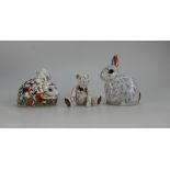 Royal Crown Derby Paperweights Snowy Rabbit, Meadow Rabbit and seated teddy bear,