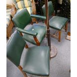 Two green seated dinning chairs with matching carver and oak standard lamp.