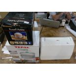 Boxed Russel Hobbs Steamer, similar Tefal unit and Elna sewing machine (pedal missing).