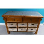 Pine marble topped two drawer wash stand with 6 pigeon hole compartments