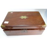 Victorian mahogany brass inlaid work box with fitted interior, (in need of repair).