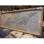 Framed vintage London and South Wern Railway general system map originally mounted inside the