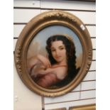 Pair Victorian oval paintings on glass of young maidens in gilt gesso frames 22'' x 17''
