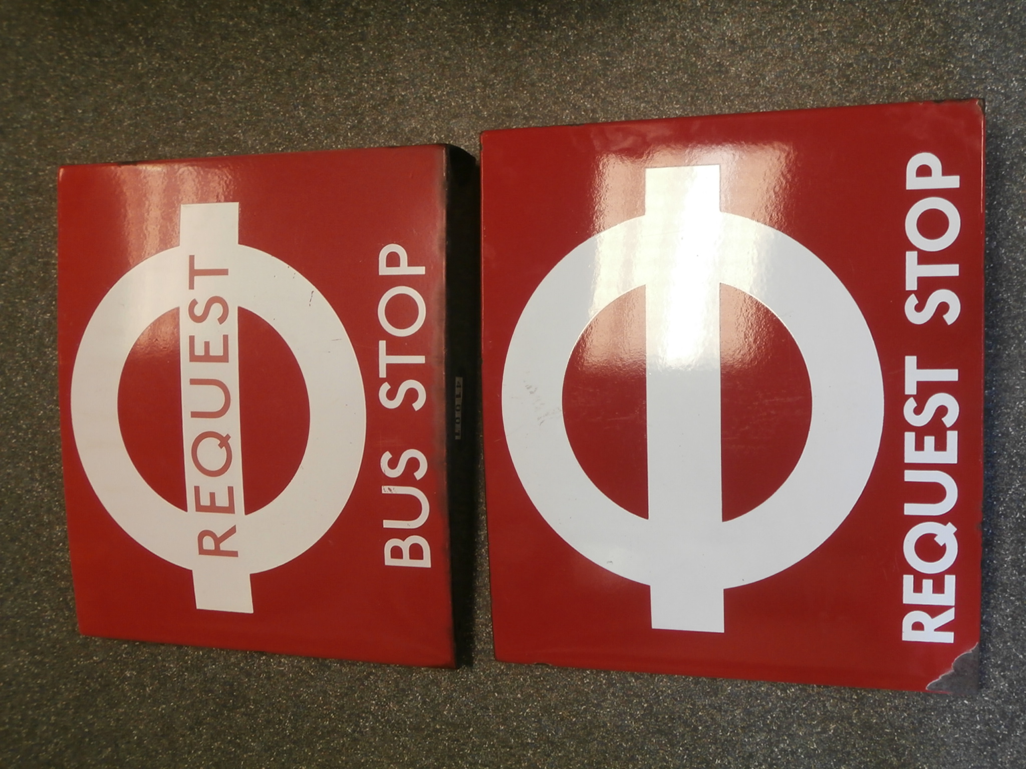 Pair Vintage enamelled London Transport requ Bust stop signs by Burnham London 16'' x 18''