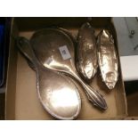 Monogrammed oval silver backed hand mirror and 2 matching brushes Birmingham 1914 together with a