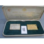 Cased pair 1973 Princess Anne and Mark Phillips ingots incl. a 3 1/2p silver example and 22ct 20p