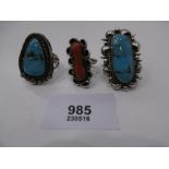 3 Navajo pawn Jewellery sterling silver rings 2 set with turquoise the other coral one stamped M.C
