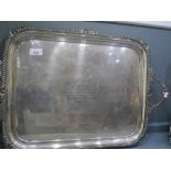 Rectangular silver two handled tray, with shell detail and inscription dated 1907, Sheffield 1903