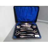 Cased Necessaire incl. silver mounted scissors, nail file, buffer, tweezers, pair small pots etc