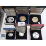 6 cased silver proof coins incl. £5 examples £2, £1 and one dollar