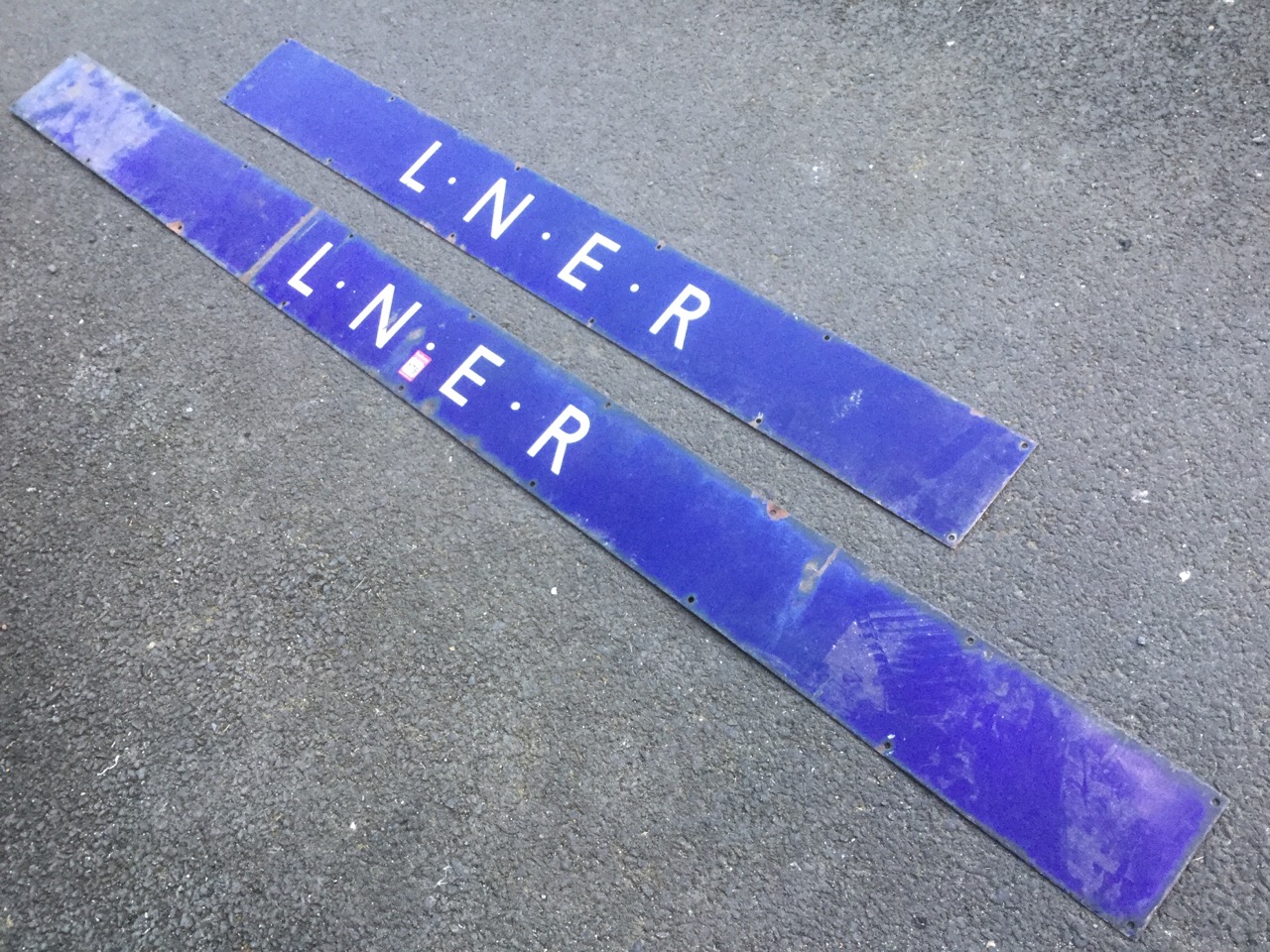 Two long rectangular blue enamelled LNER signs. (77in & 51in) (2) - Image 2 of 3