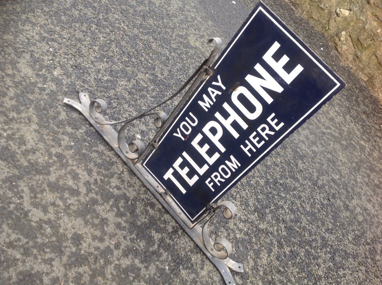 A twin sided enamelled sign in blue & white, on scrolled wrought iron bracket mount - You May - Image 3 of 3