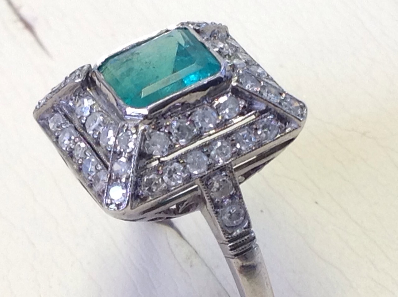 A square emerald & diamond pyramid shaped ring, the Columbian emerald of over 1.5 carats, framed - Image 2 of 3