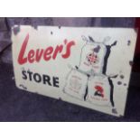 A large enamelled advertising sign, Levers Store, the writing & illustrative sacks on pale yellow