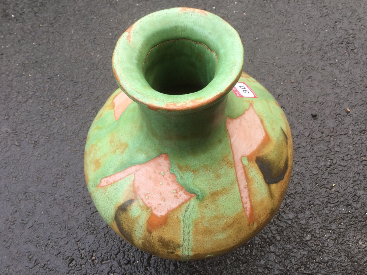 A large tapering terracotta studio pottery vase with tubular neck & moulded rim, decorated with - Image 2 of 3