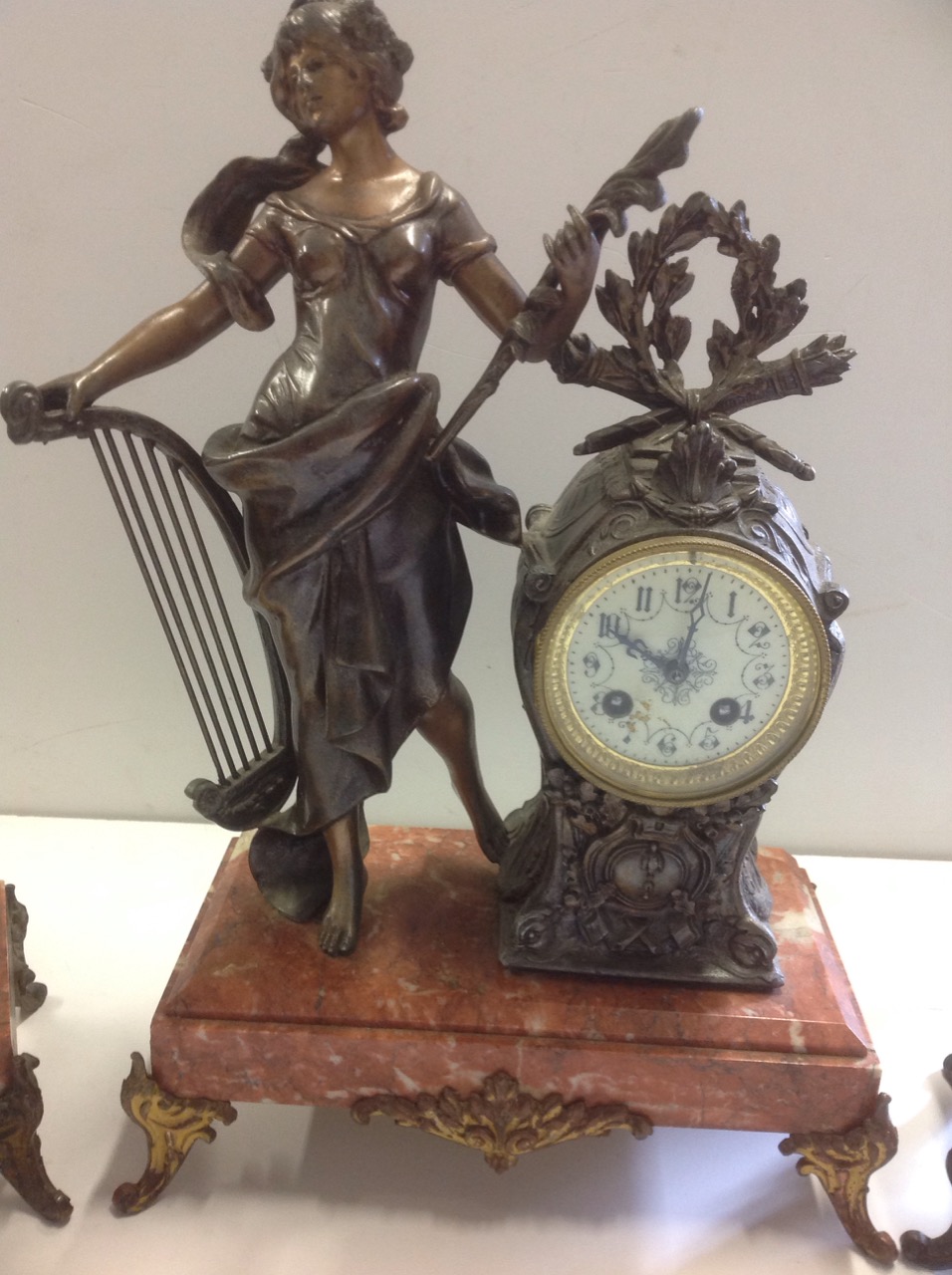 An art nouveau French clock garniture, the central timepiece with maiden holding harp aside a clock, - Image 2 of 3