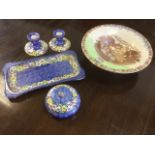 A Maling dressing table set with powder bowl & cover, pair of candlesticks and waisted tray,