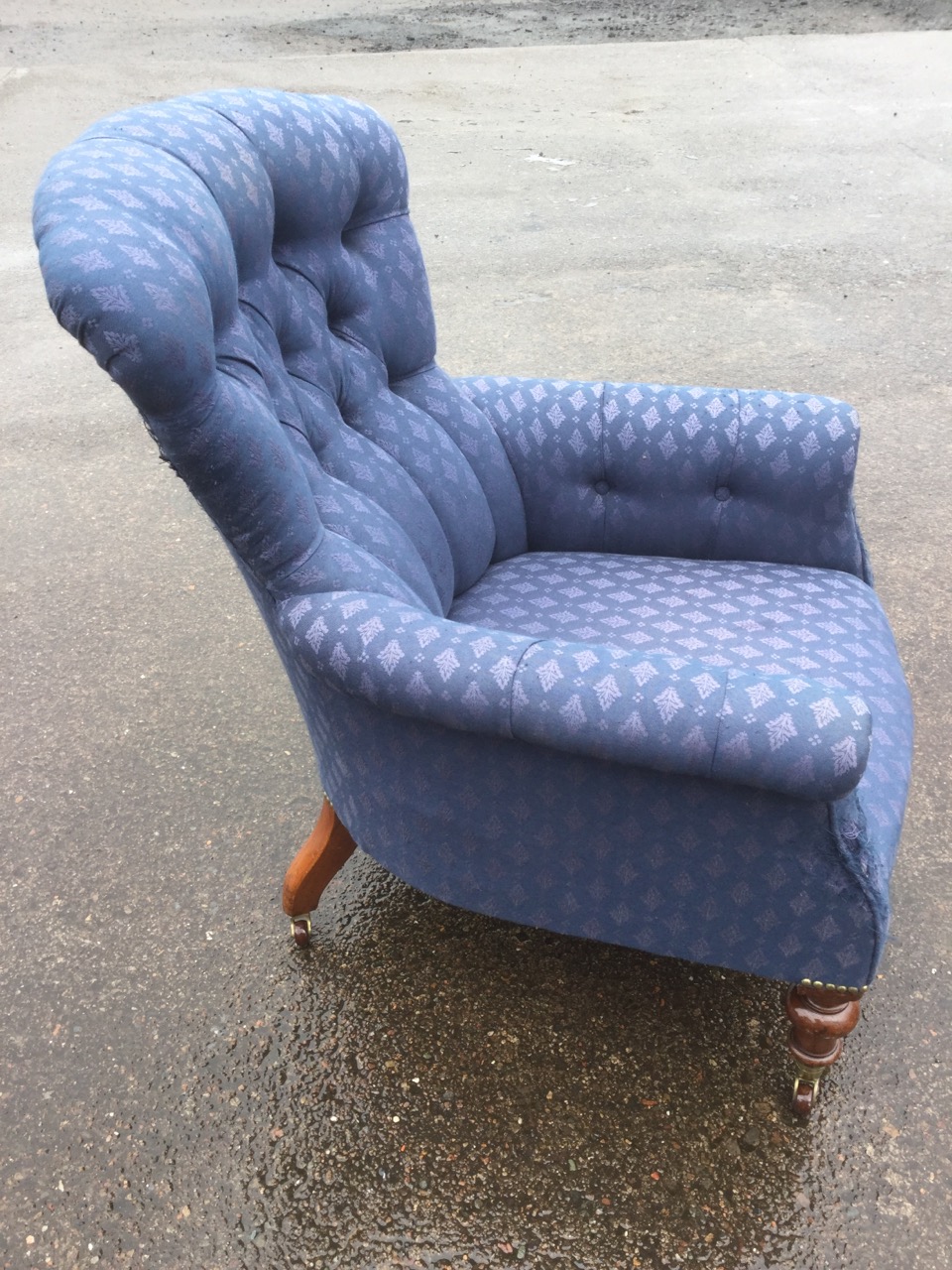 A Victorian spoonback armchair, with button upholstery and padded arms, raised on turned legs with - Image 2 of 3