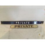 A rectangular rounded enamelled railway sign in brown & cream livery - Private (18in); and another