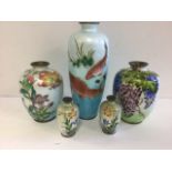 Five pieces of Japanese Meiji Ginbari cloisonnÈ, the tallest vase (9.5in) with carp and weeds on