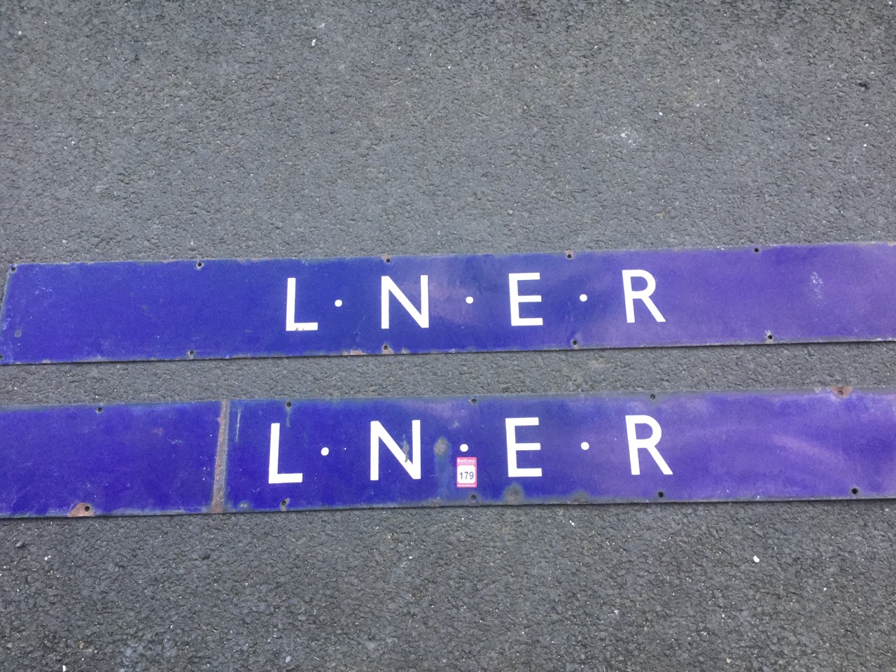 Two long rectangular blue enamelled LNER signs. (77in & 51in) (2)