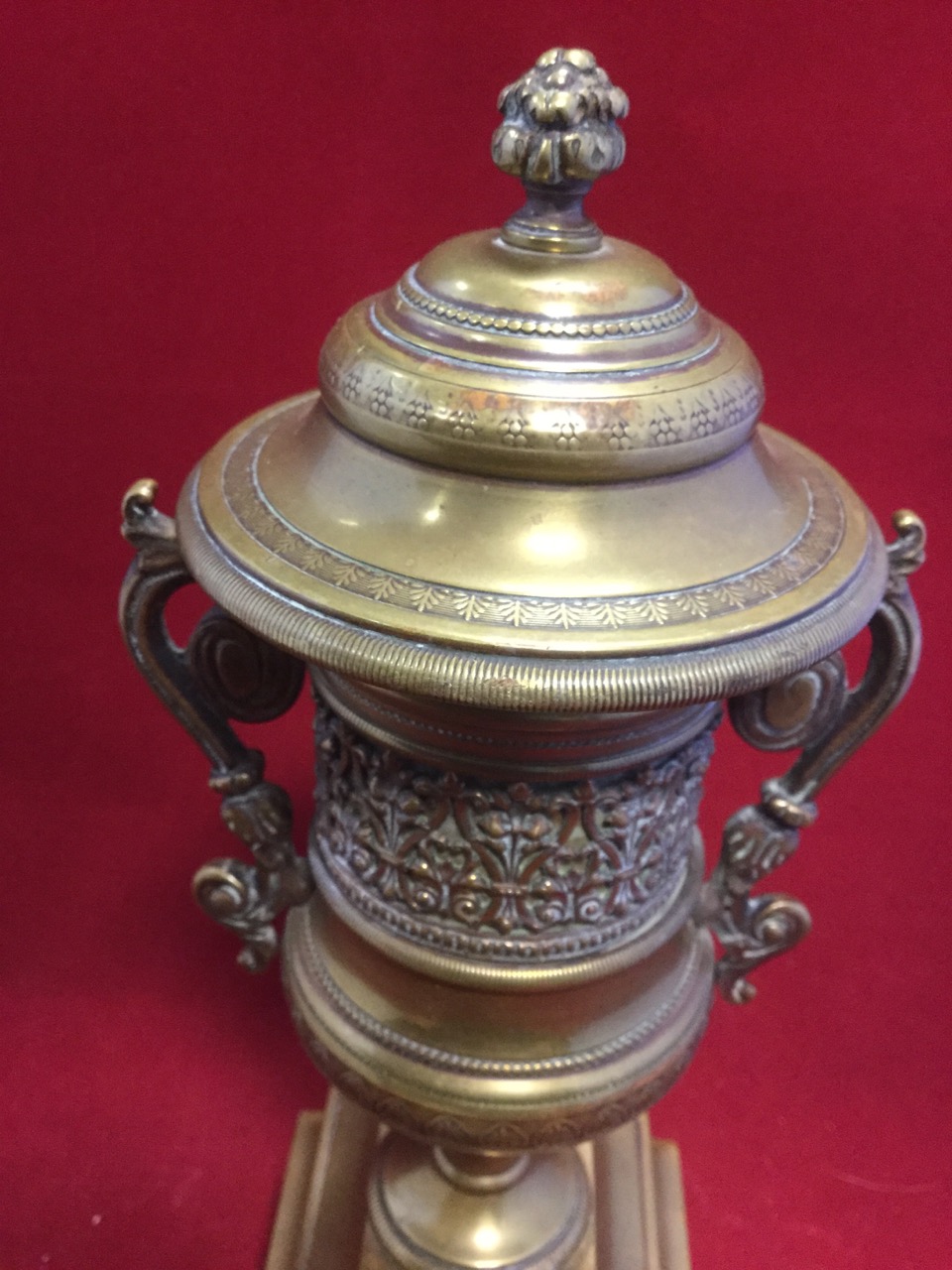 A pair of nineteenth century brass urns, of campana shape with scrolled handles, having applied - Image 2 of 3