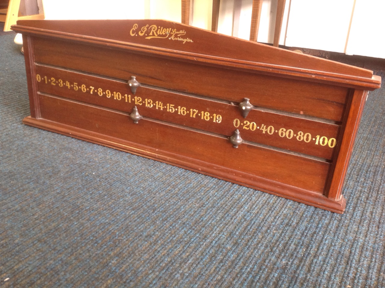 A Riley mahogany snooker scoreboard, having gilt numbers and ebony sliding pointers, raised on - Image 2 of 3