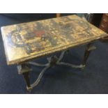 An eighteenth century Italian table, the top painted with figures in canopies and armorial shields