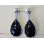 A pair of 18ct gold pear shaped rose cut natural black sapphire and diamond drop earrings, the bezel