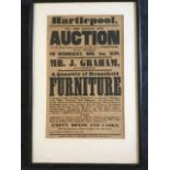 An 1859 poster advertising a furniture auction in Hartlepool, mounted & framed. (10.75in x 13in)