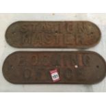 Two cast iron railway signs, the rounded panels with raised lettering - Station Master and Booking