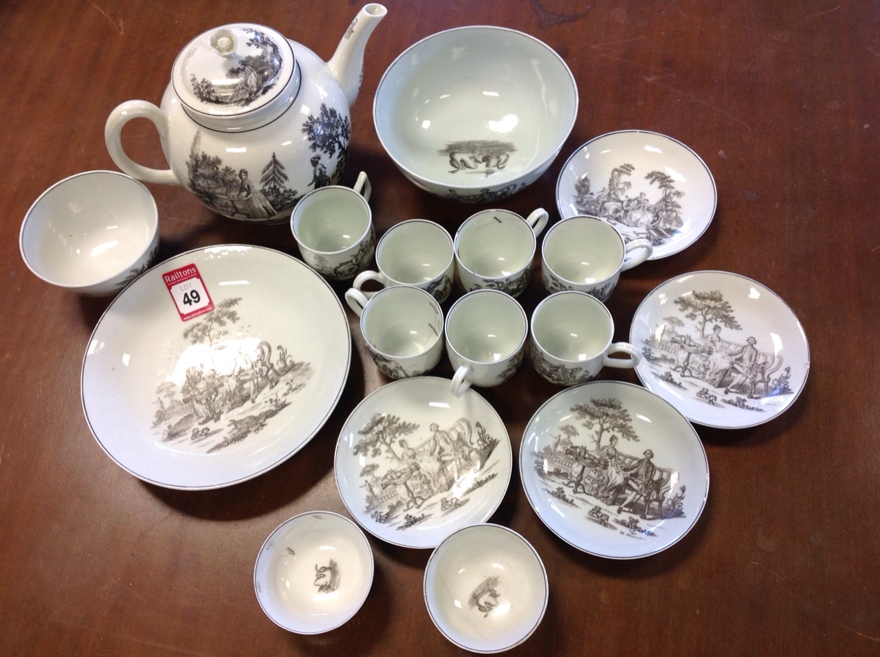 A nineteenth century Worcester monochrome Hancock printed teaset with teapot & cover, slop bowl,