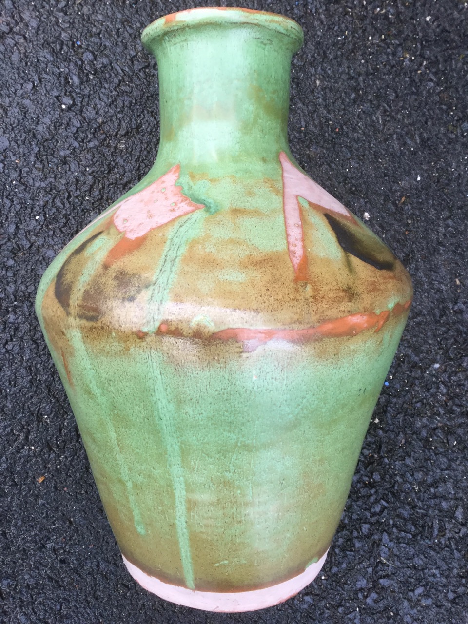 A large tapering terracotta studio pottery vase with tubular neck & moulded rim, decorated with - Image 3 of 3