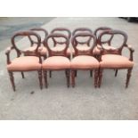 A set of eight balloon back mahogany dining chairs, having carved rails above upholstered seats