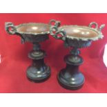 A pair of nineteenth century bronze urns, having scrolled foliate handles and bodies embossed with