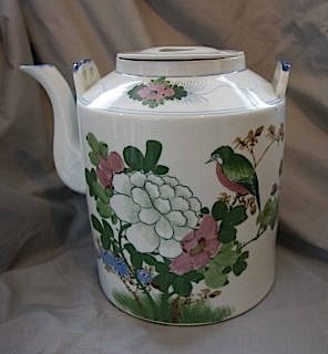 A large twentieth century large Chinese teapot & cover with woven cane handle, decorated with